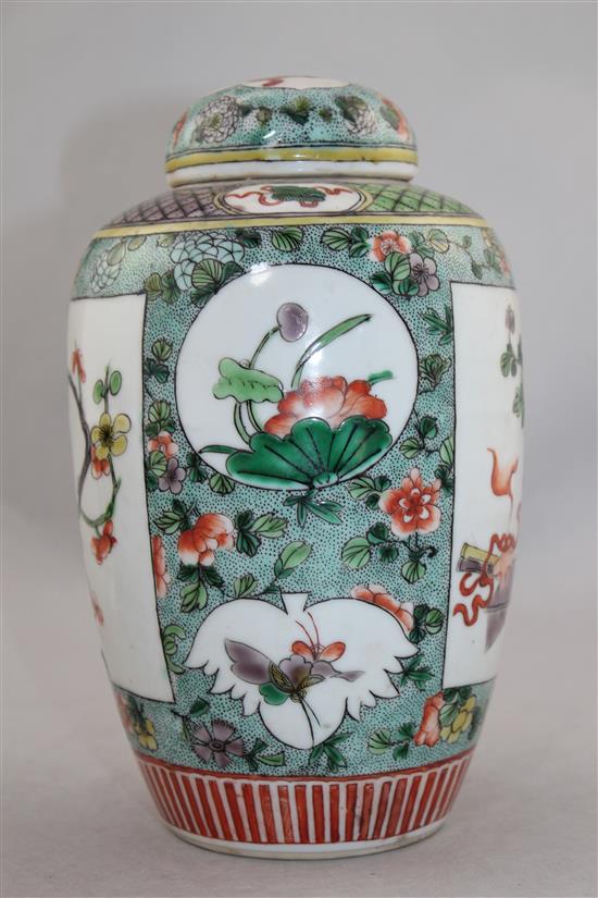 A Chinese famille verte ovoid jar and cover, late 19th century, 21cm.